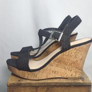 Black Perforated "Suede" Cork Wedges
